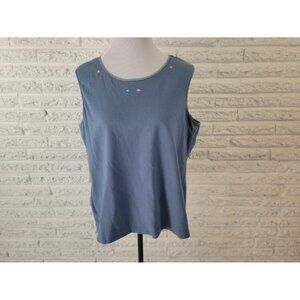 Denim & Co Womens Top 1X Plus Sleeveless Blue Cotton Embroider Pullover BLU219E